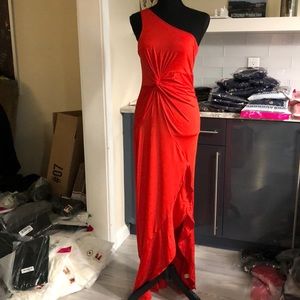 Red One Shoulder ruffle high slit maxi